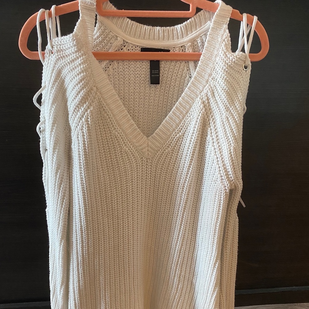 Aqua Knit Sweater with Cold Shoulder Tie Sleeve